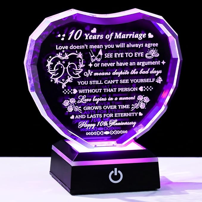 Arikyrist 10th Wedding Anniversary Crystal Heart Gifts for Couple, Laser Engraved Happy 10th Anniversary Crystal Gifts for Wife Husband, Romantic 10 Years of Marriage Gift for Him Her Friends