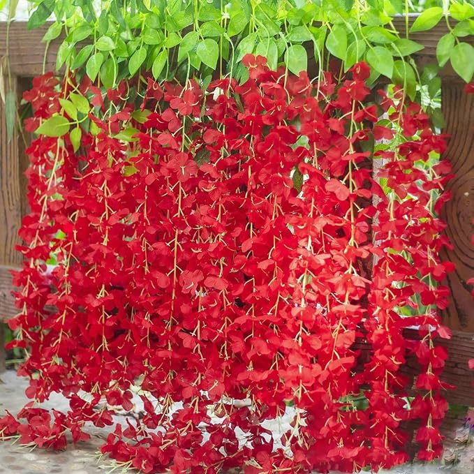 24 Pack Red Wisteria Hanging Flowers Garland, 3.77 Feet Artificial Flower Vines, Fake Wisteria, Artificial Vines Hanging Garland for Backdrop Outdoor Yard Garden Decor
