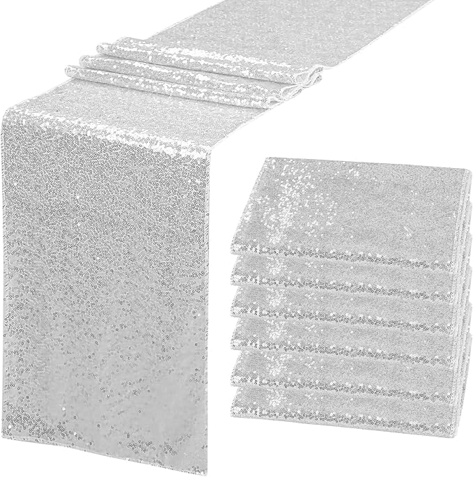 6 Pack Sequin Table Runner 12" x 108" Sparkle Table Runner for Baby Bridal Shower Wedding Birthday Party Table Decor (Silver)