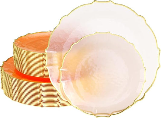 Exquisite Tinted Plates - 80 Piece Plastic Disposable Party Set for 40 Guests - 40 X 7.5 Dessert & 40 X 10 Thin Delicate Fancy Plates - Coral Peach with Gold Rim