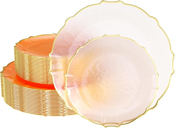 Exquisite Tinted Plates - 40 Piece Plastic Disposable Party Set for 20 Guests - 20 X 7.5 Dessert & 20 X 10 Thin Delicate Fancy Plates - Coral Peach with Gold Rim