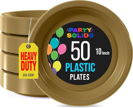 Exquisite Party Solids Gold Plastic Plates For Party Supplies 10" Gold Disposable Plates Heavy Duty 50 Pcs Plastic Dinnerware Sets Heavy Duty 350 GSM Disposable Dinnerware Set
