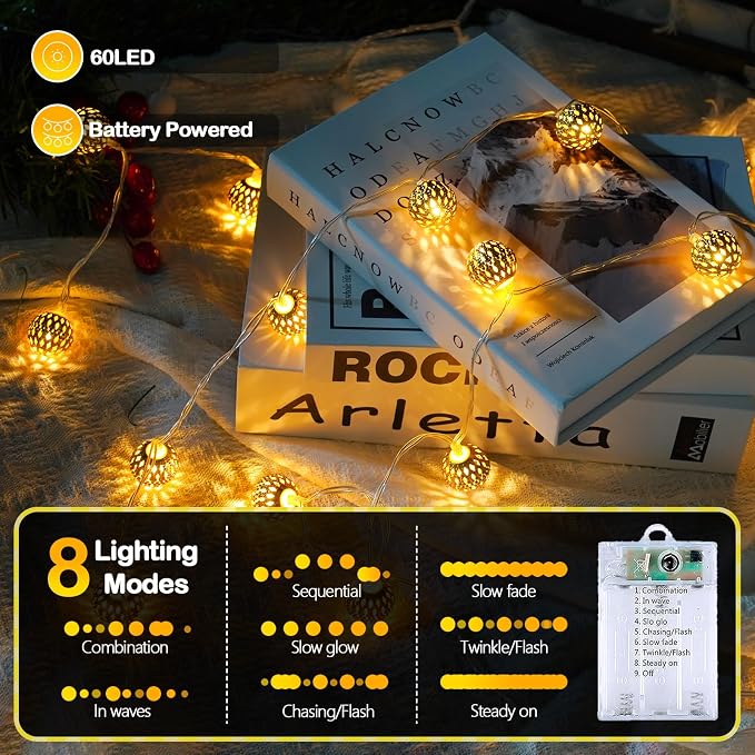 Moroccan String Lights Outdoor Battery Operated, 60 LED 36 FT Globe Fairy Lights with 8 Lighting Modes, String Lights with Timer for Bedroom Party Wedding Garden Classroom Indoor Decor(Warm White)