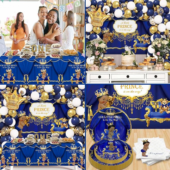 262PCS Royal Prince Baby Shower Decorations, Little Prince Party Supplies, Royal Blue Prince Disposable Dinnerware Set (24 Guest) with Napkins, Backdrop, Balloon Garland Kit, Tablecloth
