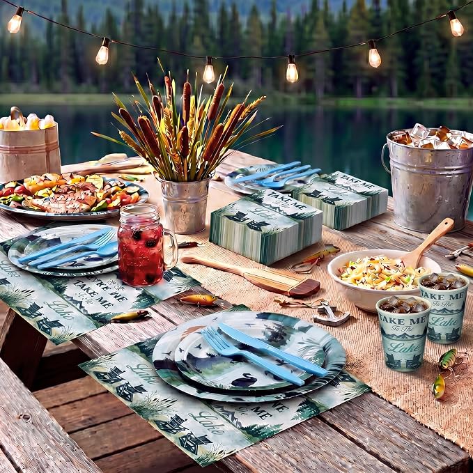 300 Pcs Lake Life Birthday Party Supplies Summer Lakeside Party Dinnerware Includes Plates, Napkins and Cups Plastic Cutlery Happy Birthday Dinnerware Kits, Serve 50 Guests