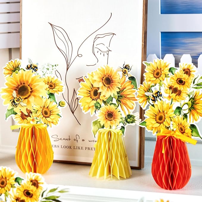 SUNBEAUTY 9 PCS Sunflower Honeycomb Centerpieces Sunflower Party Decorations Yellow Honeycomb Table Centerpiece for Spring Summer Garden Themed Birthday Baby Shower Decor