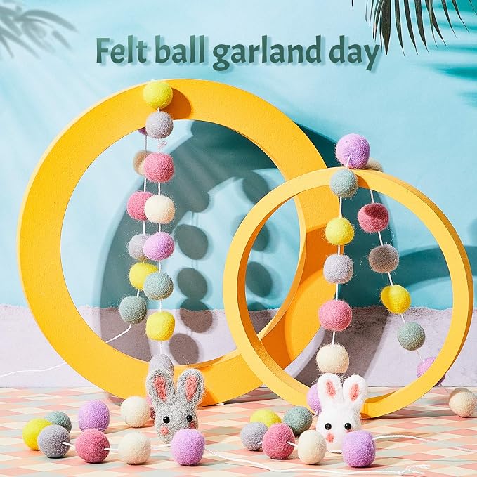 WILLBOND 2 Pieces Wool Felt Rainbow Ball Garland Colorful Pom Pom 6.5 ft Long 24 Ball Garland for Easter Mardi Gras Classroom Halloween Thanksgiving Xmas (Novel Colors)