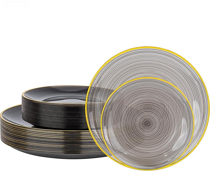 Morejoy 60Pcs Black Plastic Plates,Black Disposable Plates With Gold Rim,Heavy-duty Gold plate, Modern swirl design Plate Include 30 Dessert-plates,30Dinner-plates for Party,New Year