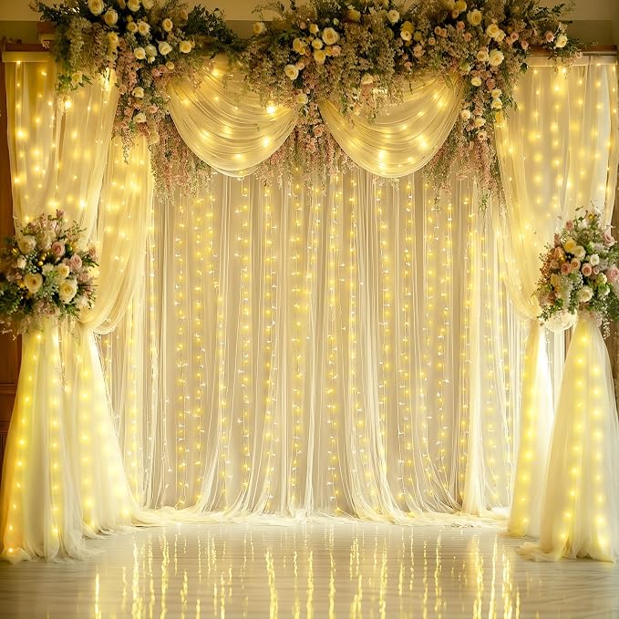 6 Panels Champagne Sheer Tulle Backdrop Curtains with Lights String for Party Wedding Wrinkle Free Curtain Backdrops Drapes for Baby Shower Bridal Shower Photo Background Home Decorations 30ft x 10ft