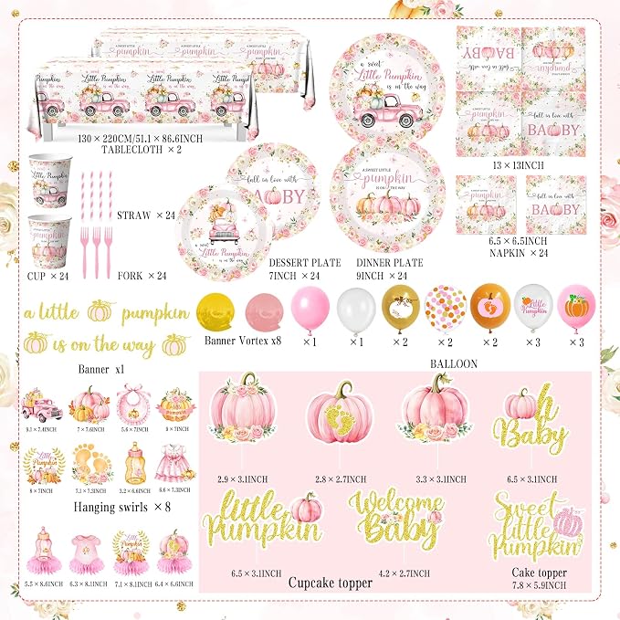 Little Pumpkin Baby Shower Decorations,198pcs A Little Pumpkin is On The Way Baby Shower Plate and Napkins Cups Tablecloth Cake Topper Honeycomb Balloon Fall baby shower Decorations for Girl ,Serve 24