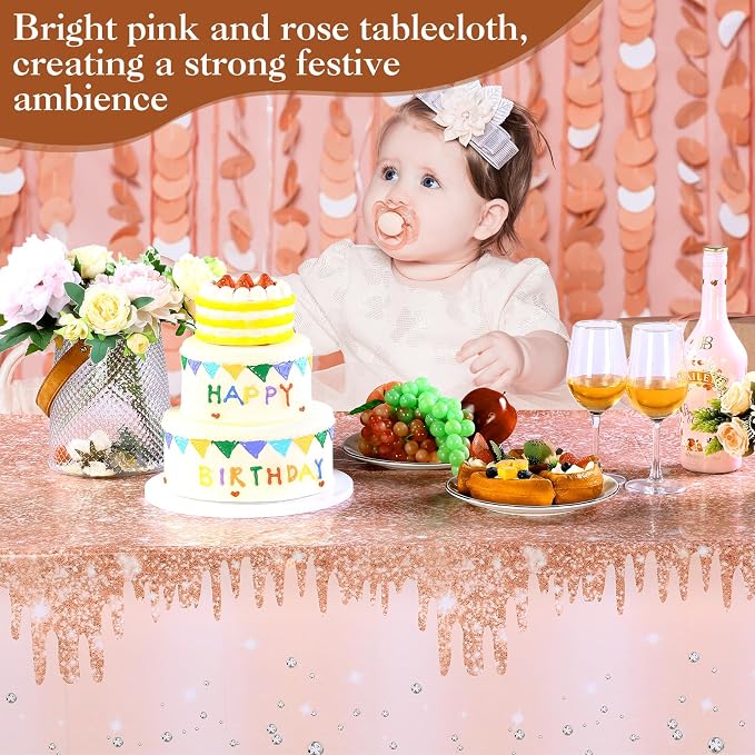 VitalCozy 12 Pack Rose Gold Tablecloth Glitter Diamond Plastic Table Cover Sequin Printed Tablecloth Party Decorations for Halloween Birthday Wedding Anniversary Party Supplies, 54x108 Inch