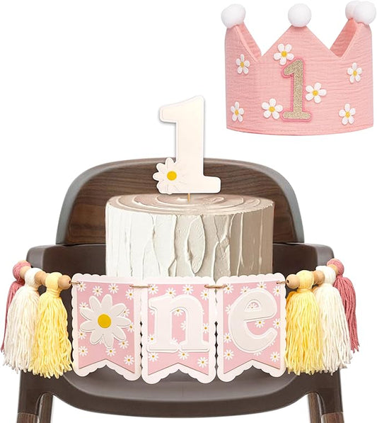 Daisy Decoration Set for 1st Birthday - First Birthday Highchair Banner for Girl,Pink Crown Hat Daisy Cake Topper for Pink One Year Old Party (Daisy Set)