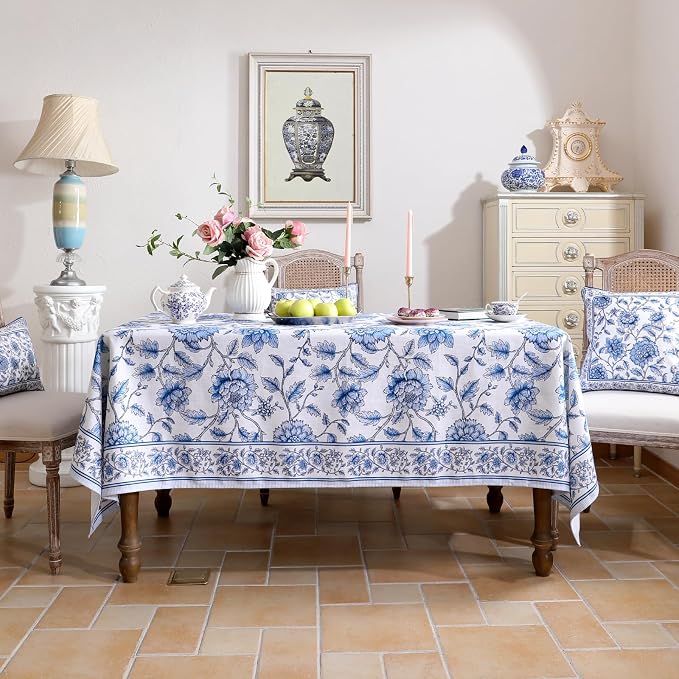 ISAENNE Designer French Linen Rectangular Tablecloth,118"x67"-BlueWilow | Chinoiserie Vintage Elegant Long Table Cloth Rectangle Table,Blue Floral Pattern,Beautiful,Dining,Kitchen,Thanksgiving
