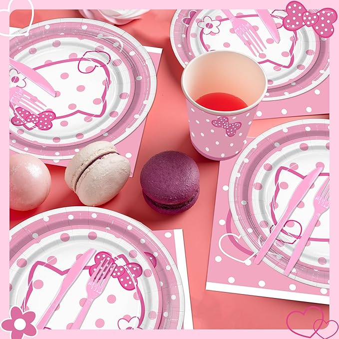 161PC Pink kittens Birthday Party Supplies Kit - Includes Pink Cat Dot Plates Napkins Cups Tablecloth Straws Forks Spoons Knives for Girls Party, Baby Shower, Cute Kattyy Decorations serve 20 Guests