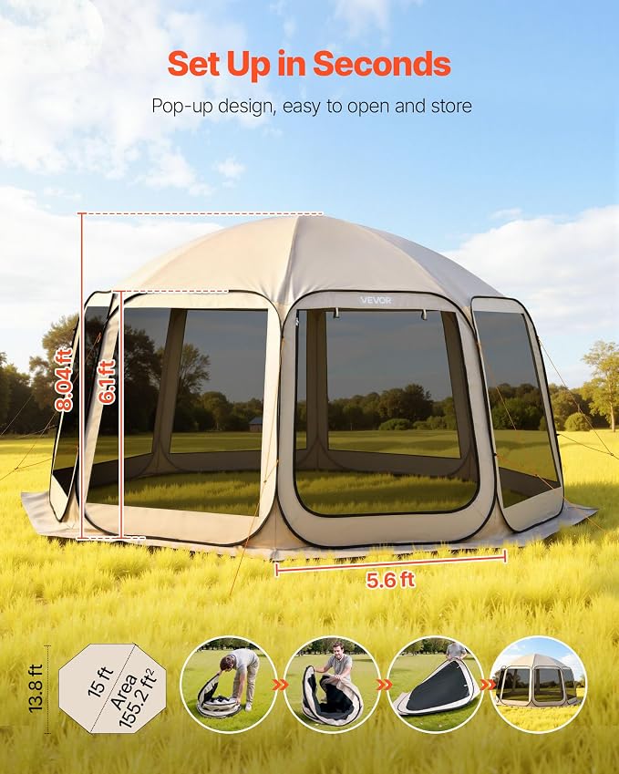 VEVOR Pop up Screen House Tent, 15 x 13.8 ft, 12-15 Person Screen Gazebo, Portable Screened in Canopy with Carry Bag, Netting Sides, Ground Stakes, for Garden, Patio, Backyard, Outdoor Activities