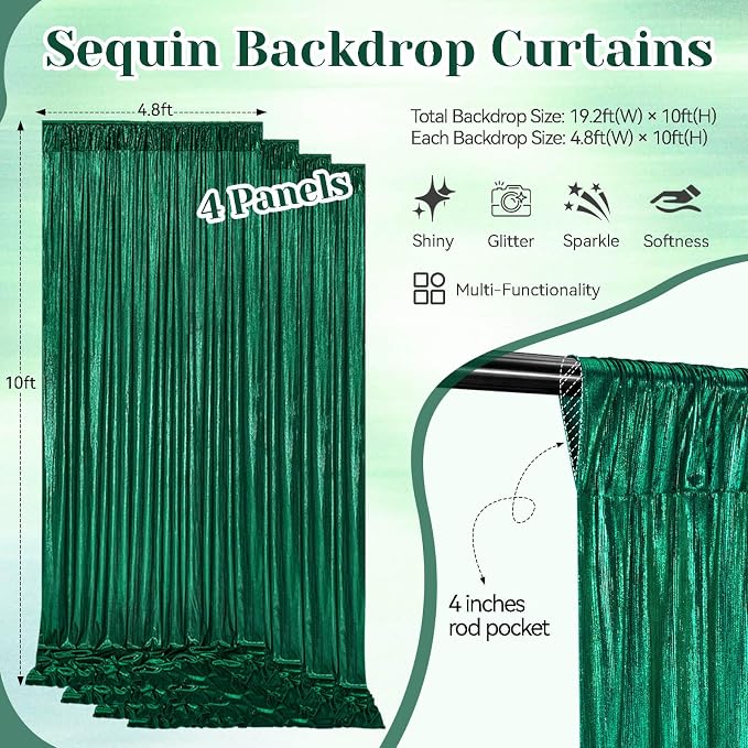 Emerald Green Sequin Backdrop Curtains - 9.6x10ft Photography Backdrops with Non-Shedding Glitter Wrinkle-Free Stage Drapes for Wedding Christmas Studio Shoots (4.8x10ft 4 Panels)