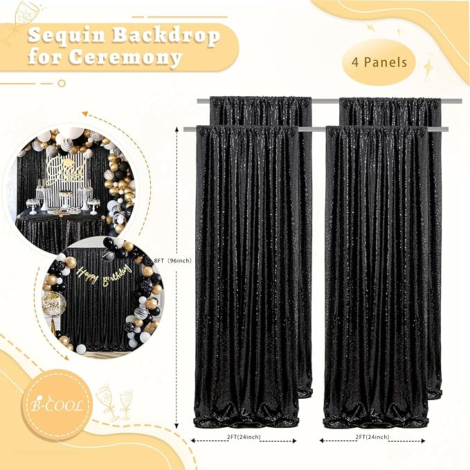 B-COOL Black Sequin Curtains Drapes 4 Panels Glitter Party Curtains 2FTx8FT for New Years Gothic Themed Party Birthday Stage Holiday Decorations