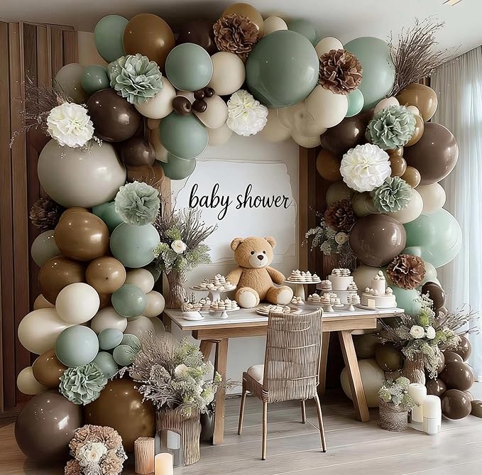 Dusty Green Nude Balloon Arch Double Stuffed Sage Green Brown Beige White Sand Balloon Garland Kit Tissue Paper Pom for Neutral Baby Shower Birthday Woodland Wedding Wild One Party Decor