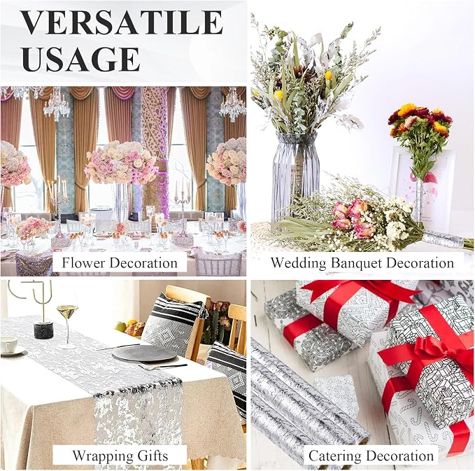 12 Pack Metallic Silver Table Runner, 11 x 108 Inches Sequin Table Runners, Mesh Decorations Glitter Table Runner for Party Wedding Birthday Bridal Shower Event Christmas Decorations