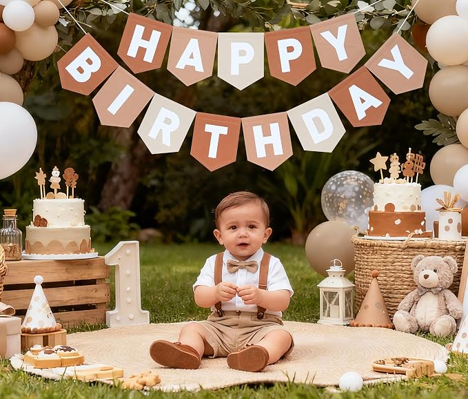 Felt Brown Happy Birthday Banner Birthday Decorations for Women Girls Boys Men Pets Handmade Party Backdrop