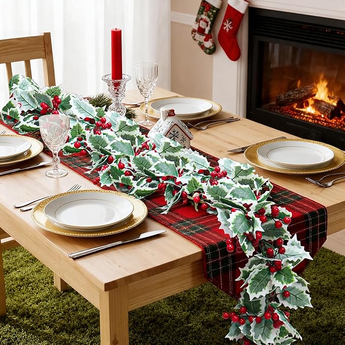 Zerzsy 2 Pack Artificial Red Garland,Eucalyptus Garland Green Leaves with Red Berry,Faux Hanging Garland Vine Plants Decorations for Table, Mantle, Staires, Wall, Indoor/Outdoor(2pcs-Red)
