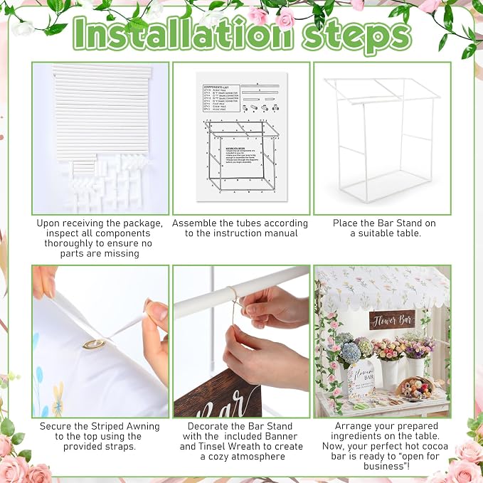 7 Pcs Flower Bar Stand Kit Flower Display Bloom Bar with 1 Set Plastic Stand 1 Floral Sunshade Cloth 4 Rose Tinsel 1 Wood Sign for Wedding Shop Floral Party Supplies Garden