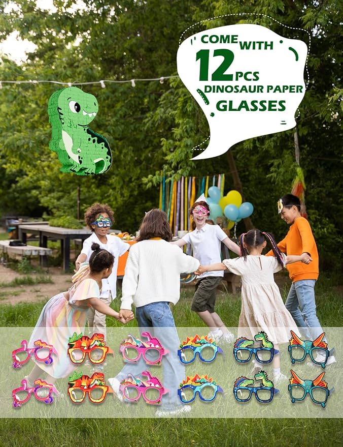 Dinosaur Piñata for Boys, Piñata de Dinosaurio para niños with 12pcs Paper Glasses, Confetti, Wood Stick and Blindfold, Dino Piñata for Birthday Party Decorations (16"*13"*3.5")