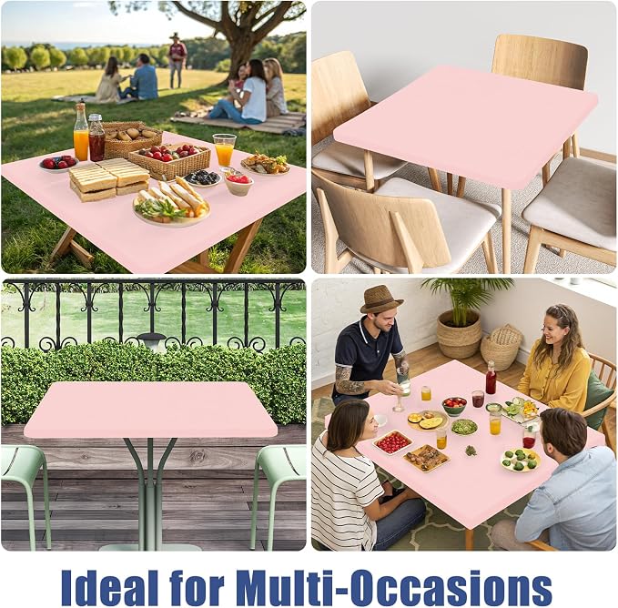 Moosfor Spandex Square Table Cloth 6 Pack, Elastic Fitted Tablecloths for Picnic, Stretch Washable Patio Table Cover for Outdoor, Camping, Banquet and Parties (Pink, 34"x34")