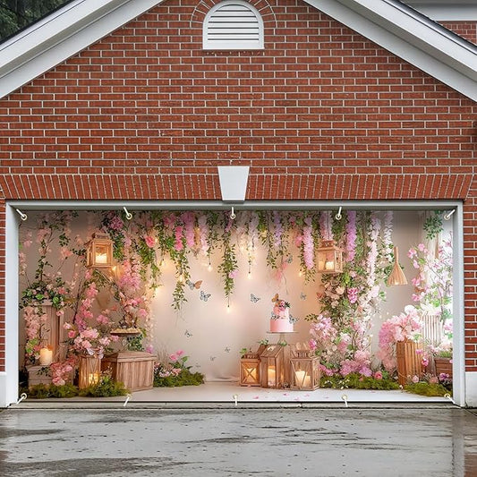 Garden Garage Door Banner Cover 7x16FT Waterproof Cherry Blossom Floral Backdrop with Butterflies –Spring Easter Wedding Decor,Baby Shower Photo Booth Background, Birthday Party & Outdoor Decoration
