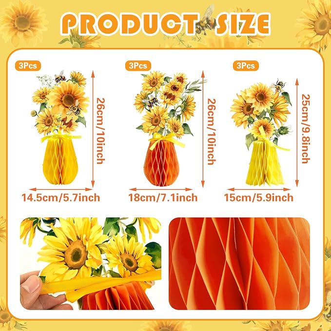 SUNBEAUTY 9 PCS Sunflower Honeycomb Centerpieces Sunflower Party Decorations Yellow Honeycomb Table Centerpiece for Spring Summer Garden Themed Birthday Baby Shower Decor