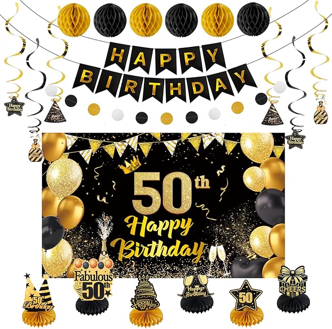Happy 50th Birthday Party Decoration: Including Birthday Banner Backdrop, Party Table Centerpieces and Hanging Swirl Party Streamers, Birthday Decor for Men and Women (Gold/Black, 50th Birthday)