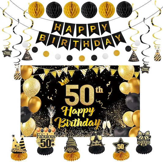 Happy 50th Birthday Party Decoration: Including Birthday Banner Backdrop, Party Table Centerpieces and Hanging Swirl Party Streamers, Birthday Decor for Men and Women (Gold/Black, 50th Birthday)