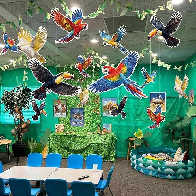 18 Pcs Large Tropical Bird Party Decorations 3D Realistic Paper Hanging Bird Decoration Paper Parrot Toucan Birthday Party Supplies for Wedding Jungle Baby Shower Room Ceiling Decor