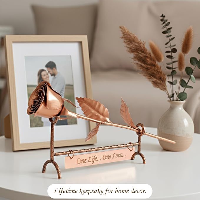 Personalized Copper Rose with Stand - Custom Engraved for 7th or 22nd Wedding - Handmade Solid Copper Flower - Unique Gift for Her or Him