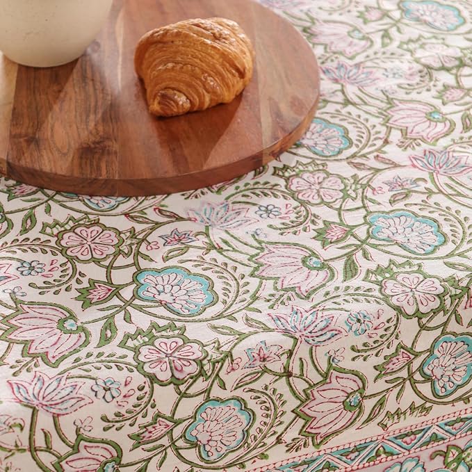 Hand Block Printed Tablecloth, Colorful Floral Print, Indian Artisan Handmade Art, Dining Room, Kitchen, Outdoor Décor, (Rosy Dawn Delight, 12 Seater 72 x 135 Inches Rectangle)