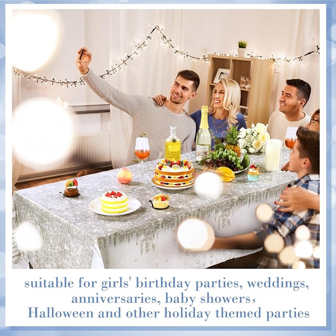 VitalCozy 12 Pack Tablecloth Glitter Diamond Plastic Table Cover Sequin Printed Tablecloth Party Decorations for Halloween Birthday Wedding Anniversary Party Supplies, 54x108 Inch(Silver)