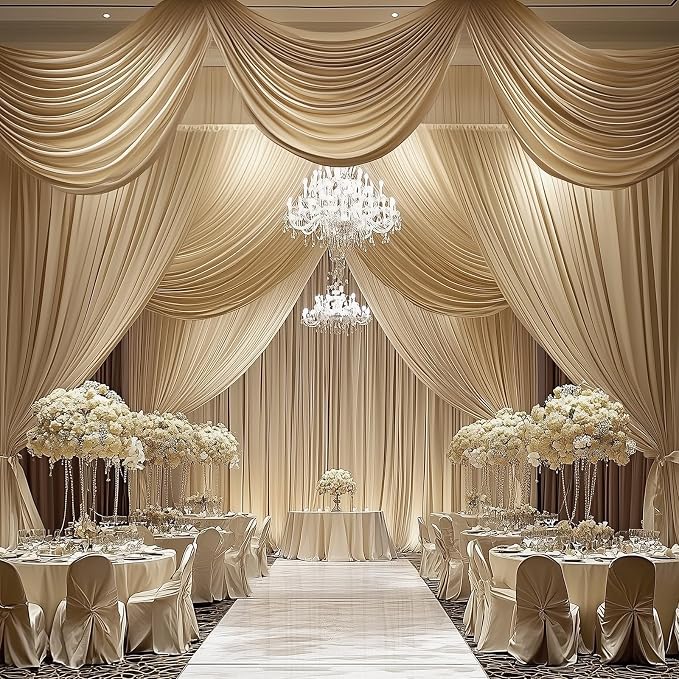 8 Panels 5x20ft Beige Ceiling Drapes for Wedding Parties, Wrinkle Free Thick Polyester 20ft Extra Long Wedding Draping Beige Ceiling Curtains Arch Drapery for Birthday Party Canopy Tent Decor