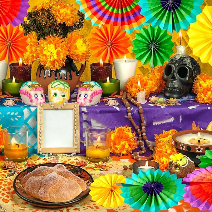 Sabary 36 Pcs Mexican Paper Fans Day of The Dead Party Decorations Cinco De Mayo Pom Poms Colorful Hanging Paper Fans for Fiesta Carnival Party Supplies Photo Prop