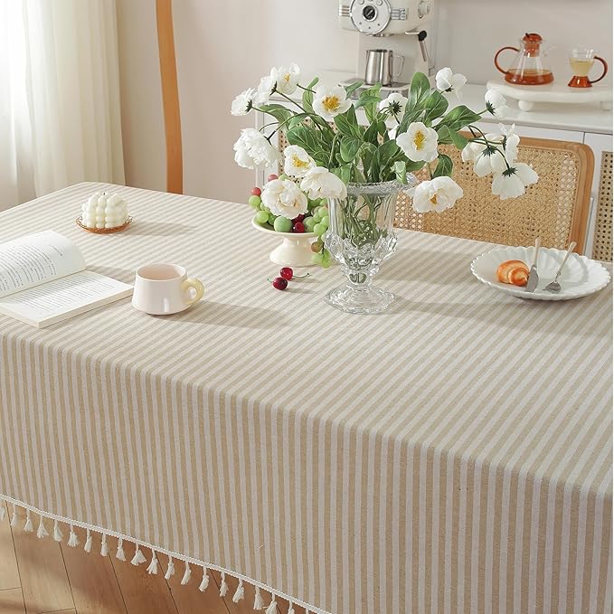 meioro Table Cloth Beige Striped Tablecloth Tassels Cotton Linen Dust-Proof Table Cover for Dining Coffee Buffet Kitchen Picnic Tables, Parties Indoor Outdoor Square Tablecloths (36x36 Inch)