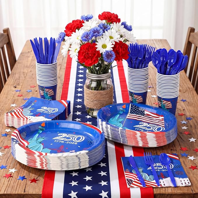 Pajean 350 Pcs 4th of July Party Decorations 12 inch Disposable Patriotic Oval Plates and Napkins Heavy Duty American Flag Paper Tableware Set for 50 Guests 250th Independence Party Supplies