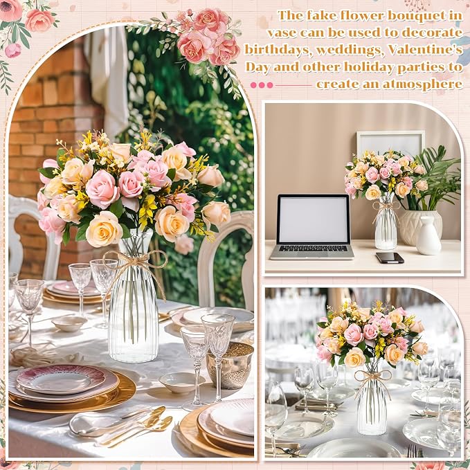 Zeyune 31 Pcs Rose Artificial Flowers with Vase Bulk for Table Centerpiece, 20 Bundles Fake Silk Roses 10 Plastic Clear Vase with 1 Pcs Rope Arrangement Decoration Wedding Home Party(Champagne,Pink)