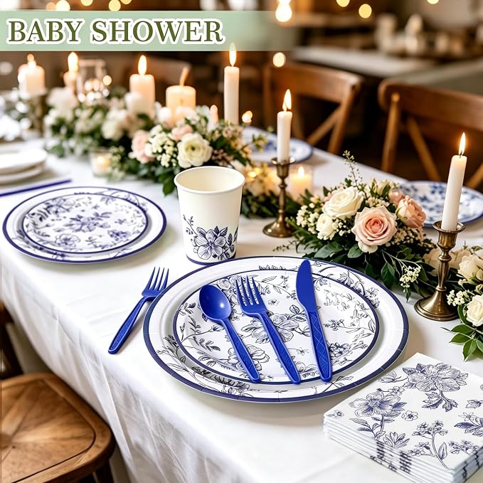 400 Pcs Disposable Blue and White Floral Tableware Set for 50 Guests | Heavy-Duty 7" & 9" Paper Plates, Cups, 13" Napkins & Plastic Cutlery for Bridal Baby Shower and Tea Party Supplies