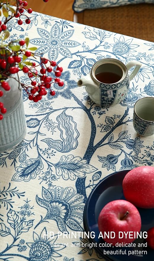 ISAENNE Designer Vintage Linen Square Tablecloth,67"x67"-Ruyi B | French Elegant Table Cloth for Square Table,Blue Floral Pattern,Durable,Heavyweight,Dining Room,Kitchen,Thanksgiving,Decor