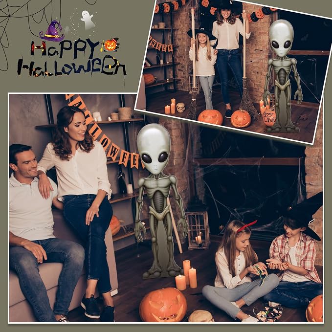 Amyhill 5 Feet Alien Cardboard Cutout Life Size Alien Birthday Party Decoration UFO Spaceship Photo Props Standup Backdrop for Sci-fi Themed Movie Night Party Decor