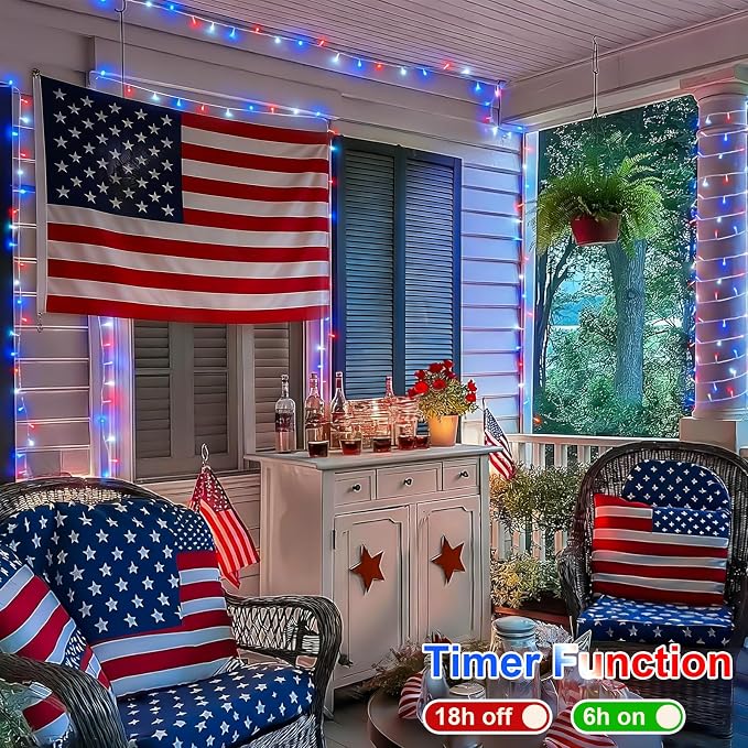QITONG 2 Pack Red White and Blue Battery Operated Lights, Each 33ft 100 LED 4th of July String Lights Outdoor, Clear Wire Twinkle Light with Remote for Patriotic Independence Memorial Day Decor