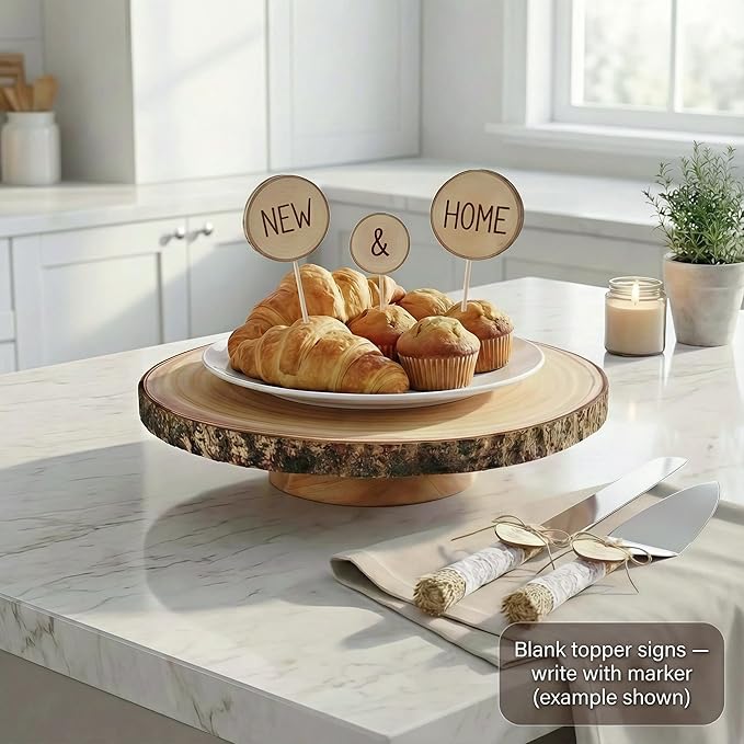 Relaxing Garden Customizable 12 Inch Rustic Wood Cake Stand Set with Bark Edge, Cake Knife & Server + Blank Wood Slice Topper — Cake Display for Weddings, Birthdays, Showers & Holiday Celebrations