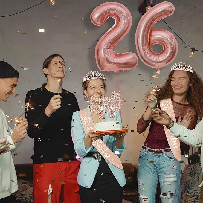 26th Birthday Decorations for Women, Including 26th Birthday Sash and Tiara, Cake Topper and Candles, Number Balloons, 26 Year Old Gifts for Women