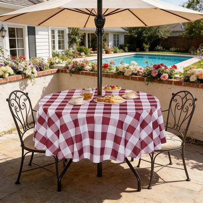 Poise3EHome Round Outdoor Tablecloth with Umbrella Hole and Zipper,Burgundy Gingham 60 Inch,SpillProof Washable Table Cloth for Spring Summer Patio Garden Poolside Picnic Camping BBQS