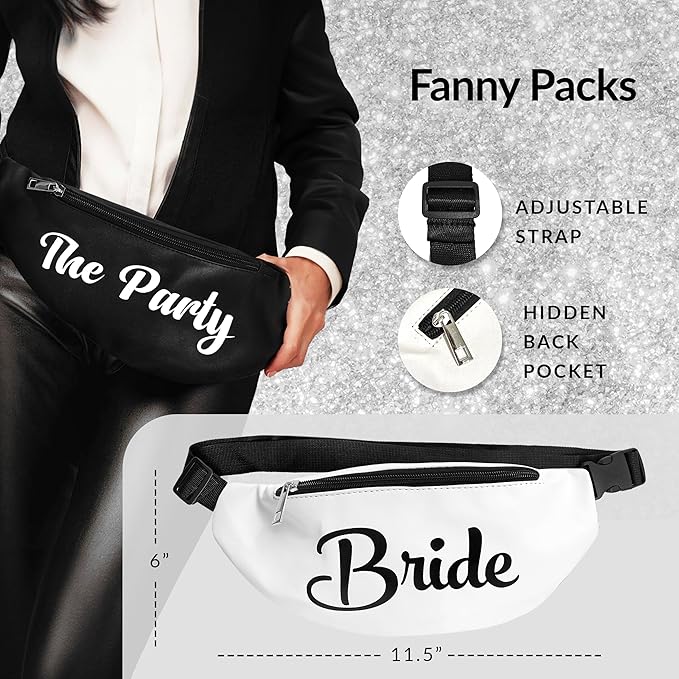 Bachelorette Fanny Packs | 30 Pc - Set of 5 Bachelorette Party Favors & Accessories | 1 Bride Fanny Pack + 4 'Party' Packs | Bachelorette Party Kit with Sunglasses, Koozies & Bridal Accessories