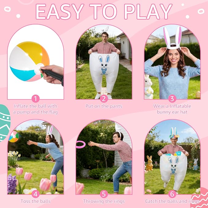 Letsroar Easter Granny Pants Yard Game Inflatable Bunny Ears Ring Toss Game Set with Bouncy Balls Pump for Adults - Outdoor Lawn Games for Easter Parties, Spring Festival and Tailgate Parties